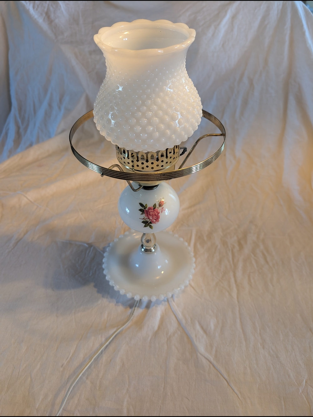 2/110$ Vintage White Hobnail Milk Glass Table Lamp with Pink Rose Accent
